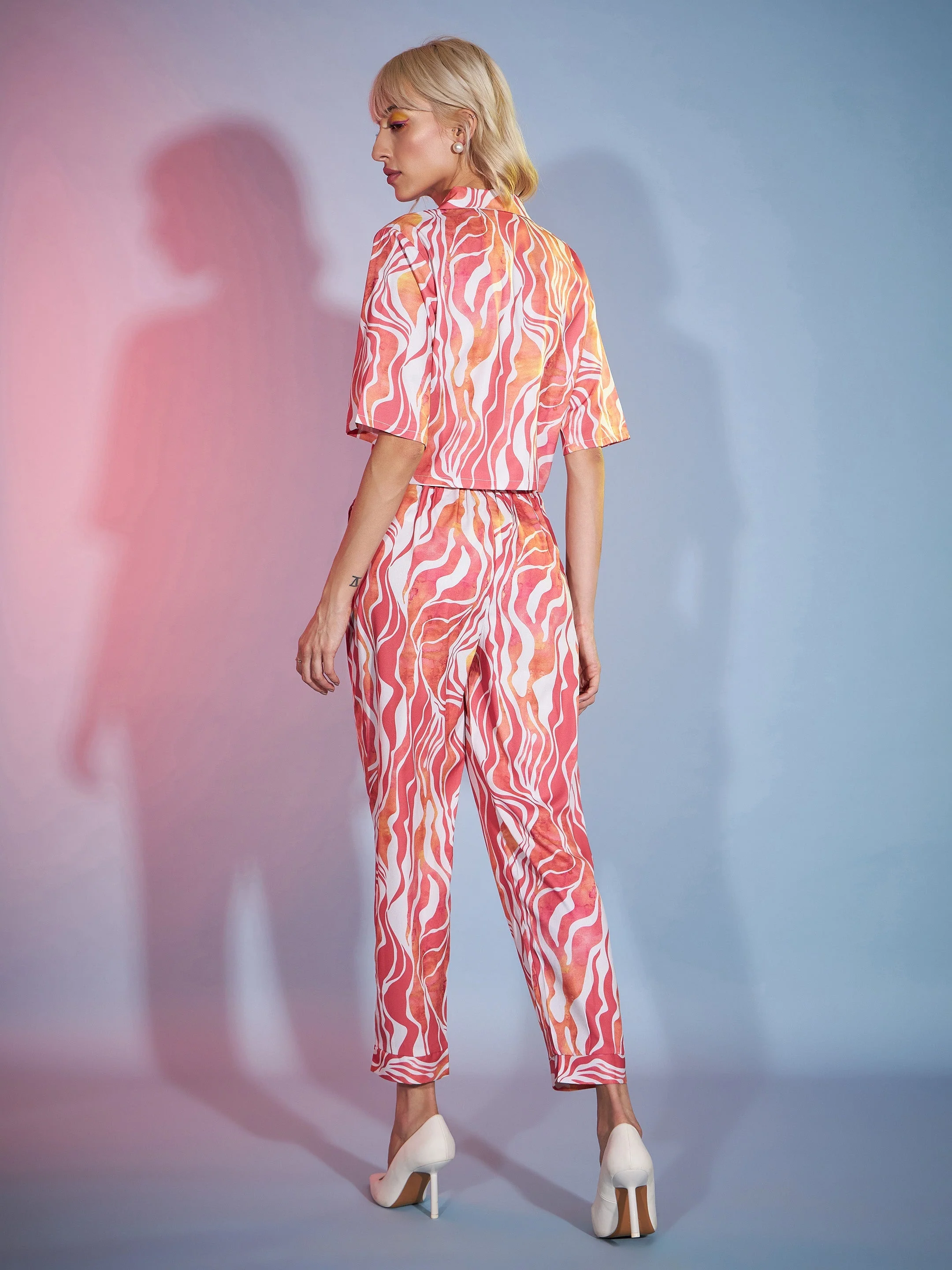 Women Coral Watercolor Crop Blazer With Tapered Pants - Image 6