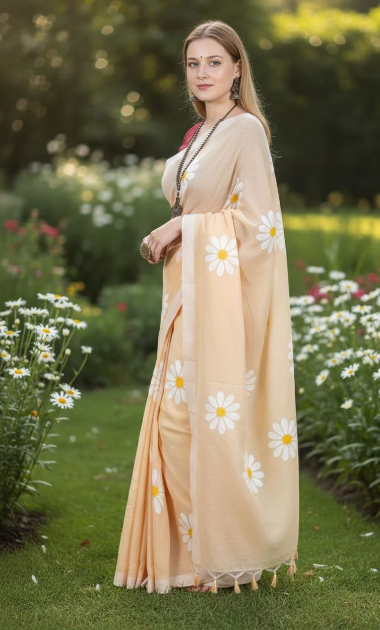 Women Cotto Hand Paint Floral Design Saree - Image 2