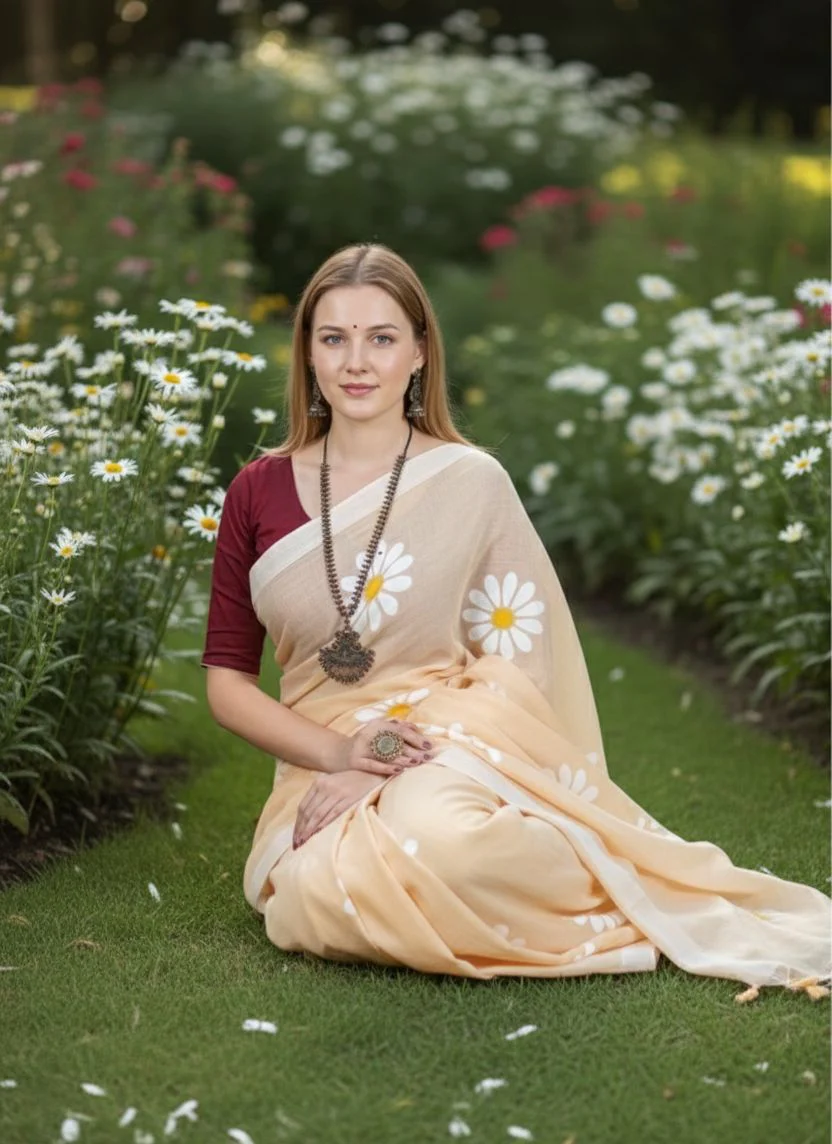 Women Cotto Hand Paint Floral Design Saree - Image 3