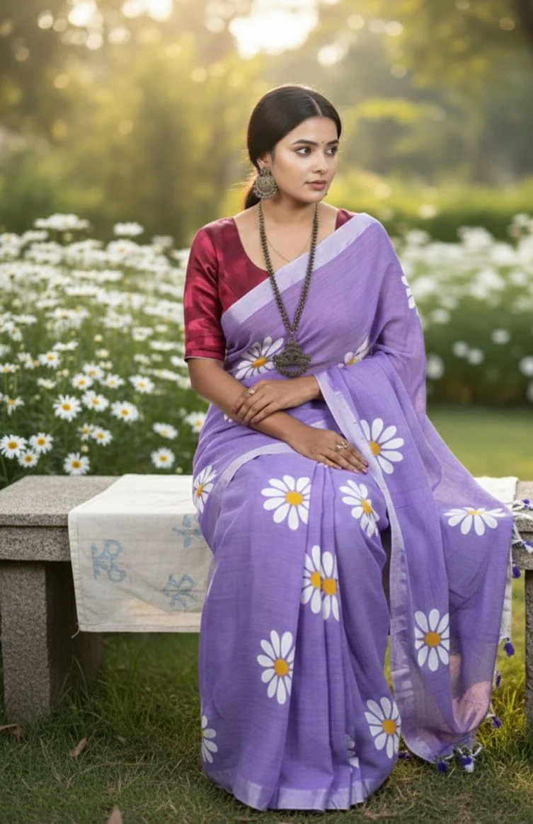 Women Cotto Hand Paint Floral Design Saree - Image 2