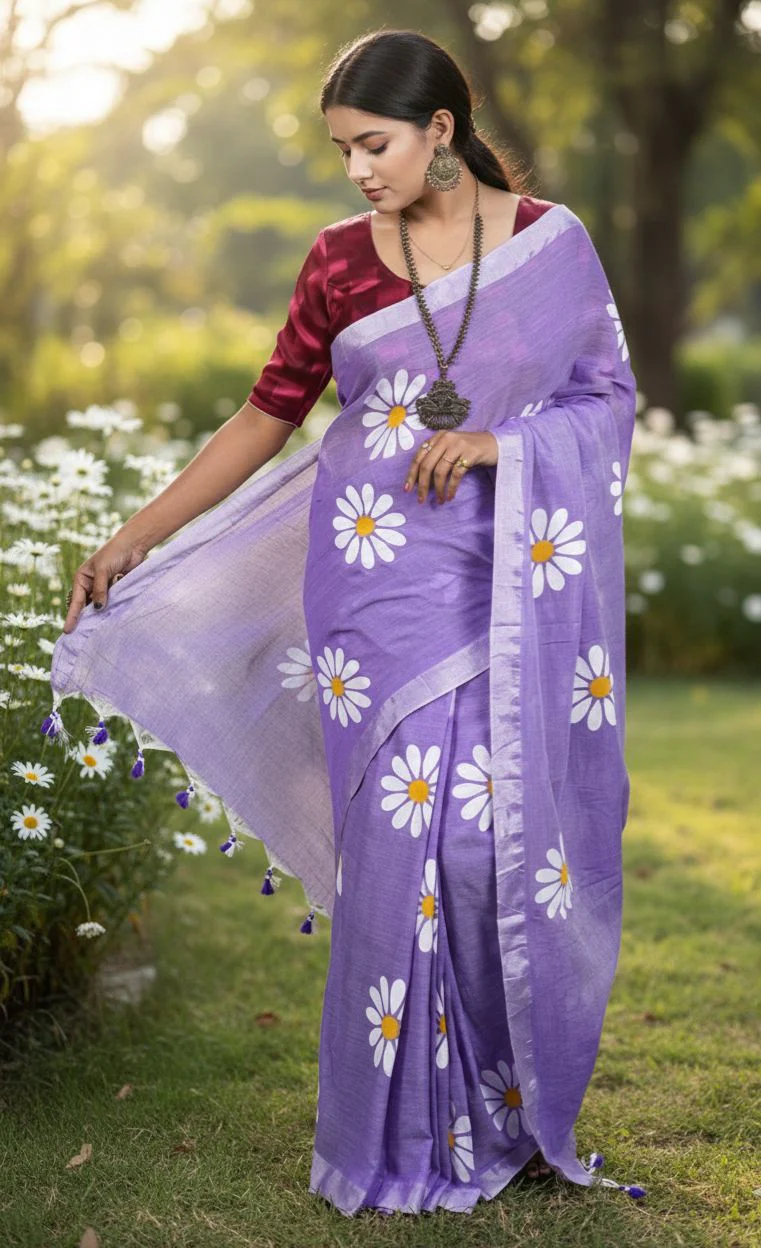 Women Cotto Hand Paint Floral Design Saree - Image 3