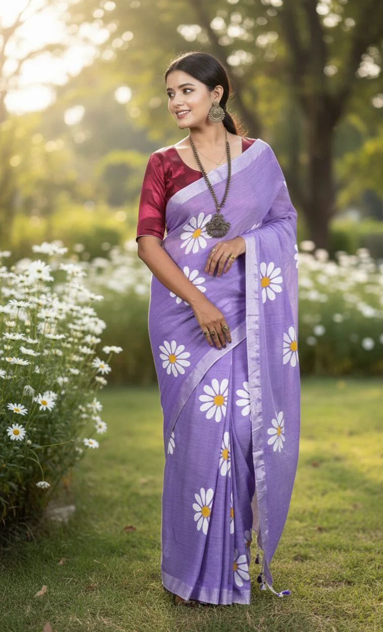 Women Cotto Hand Paint Floral Design Saree - Image 4