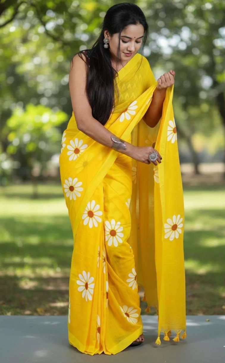 Women Cotto Hand Paint Floral Design Saree - Image 2