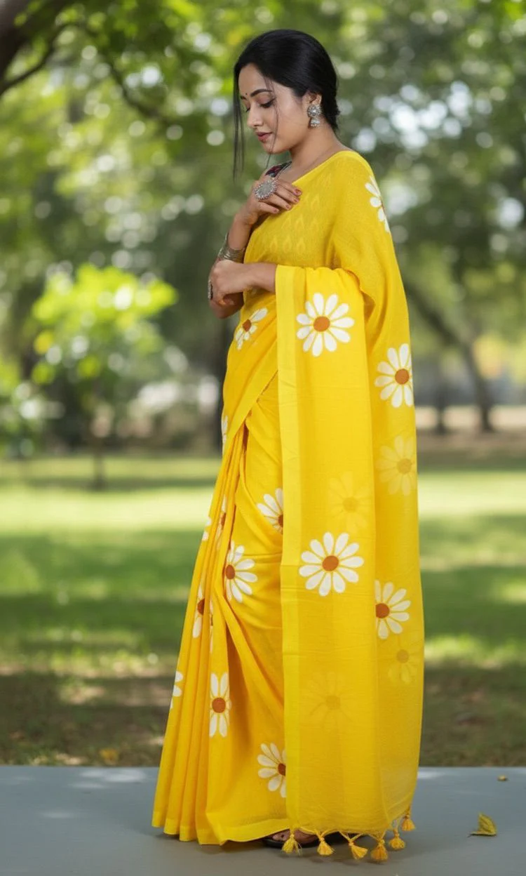 Women Cotto Hand Paint Floral Design Saree - Image 3