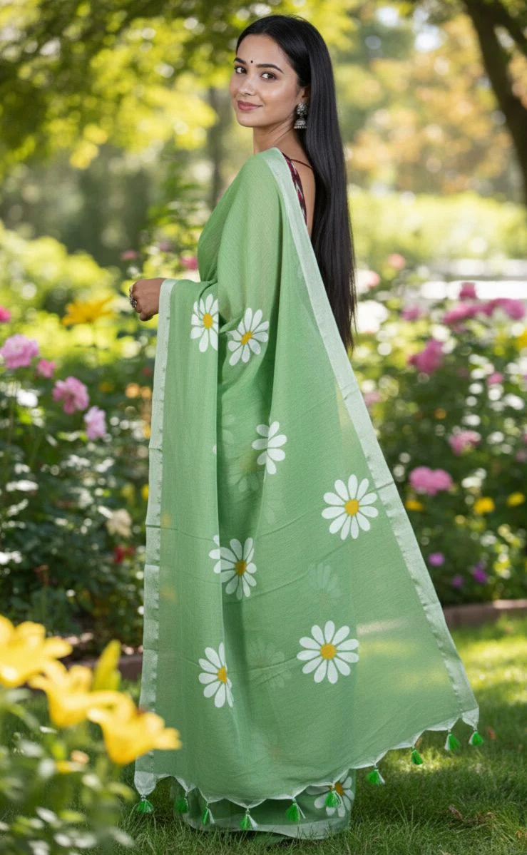 Women Cotto Hand Paint Floral Design Saree - Image 2