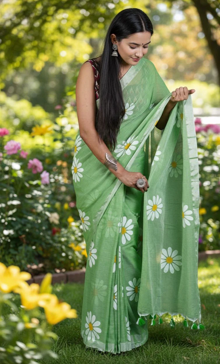 Women Cotto Hand Paint Floral Design Saree - Image 3