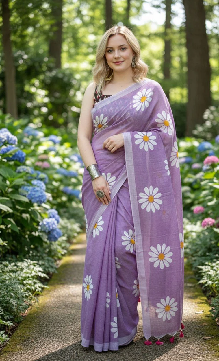 Women Cotto Hand Paint Floral Design Saree - Image 2