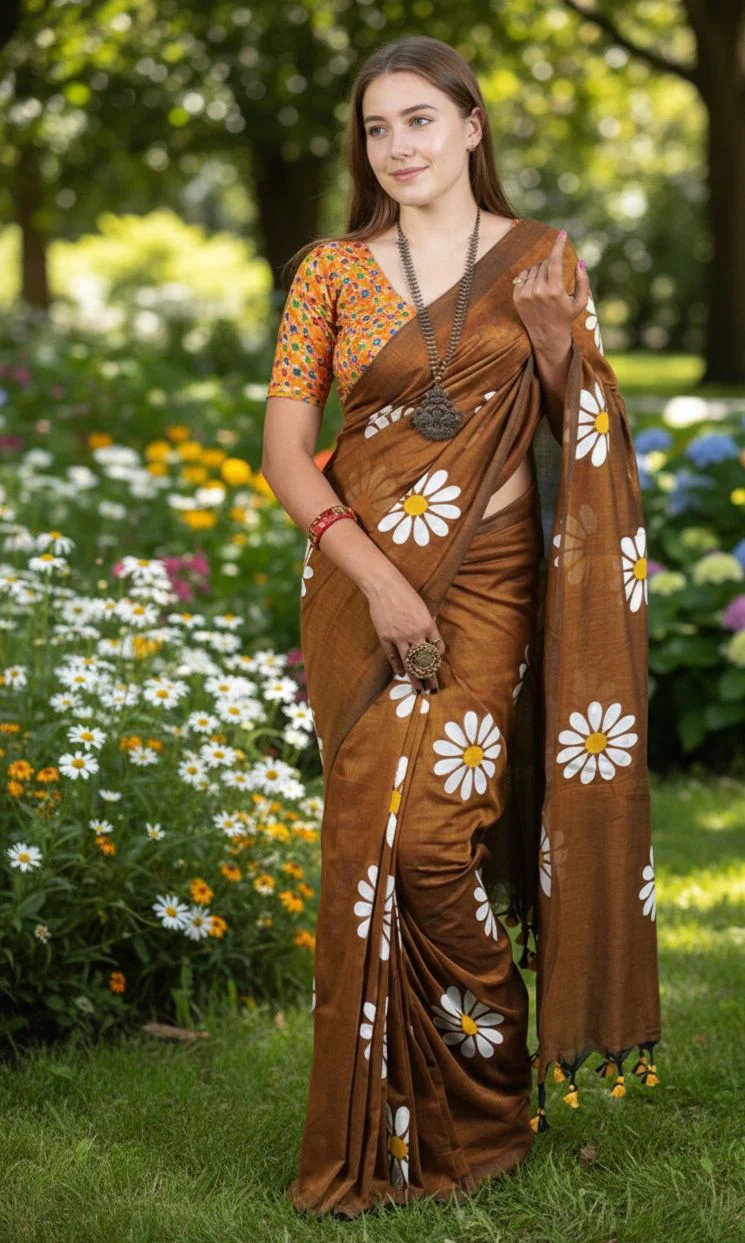 Women Cotto Hand Paint Floral Design Saree - Image 2