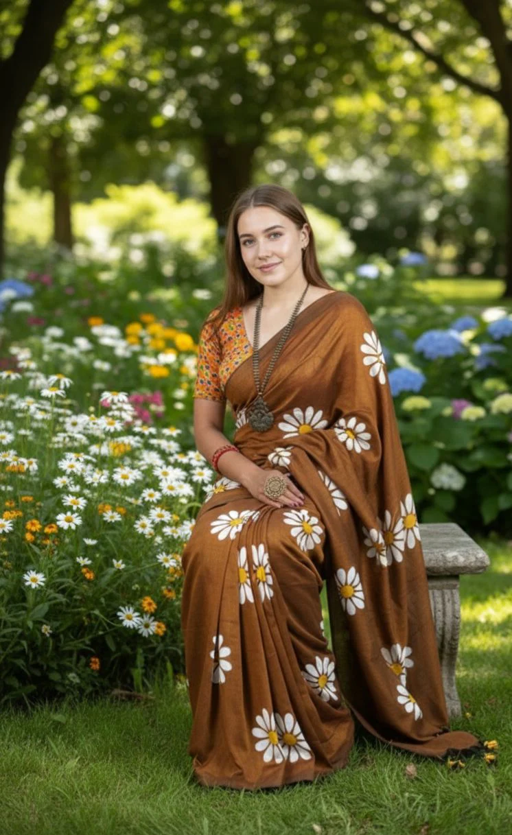 Women Cotto Hand Paint Floral Design Saree - Image 3