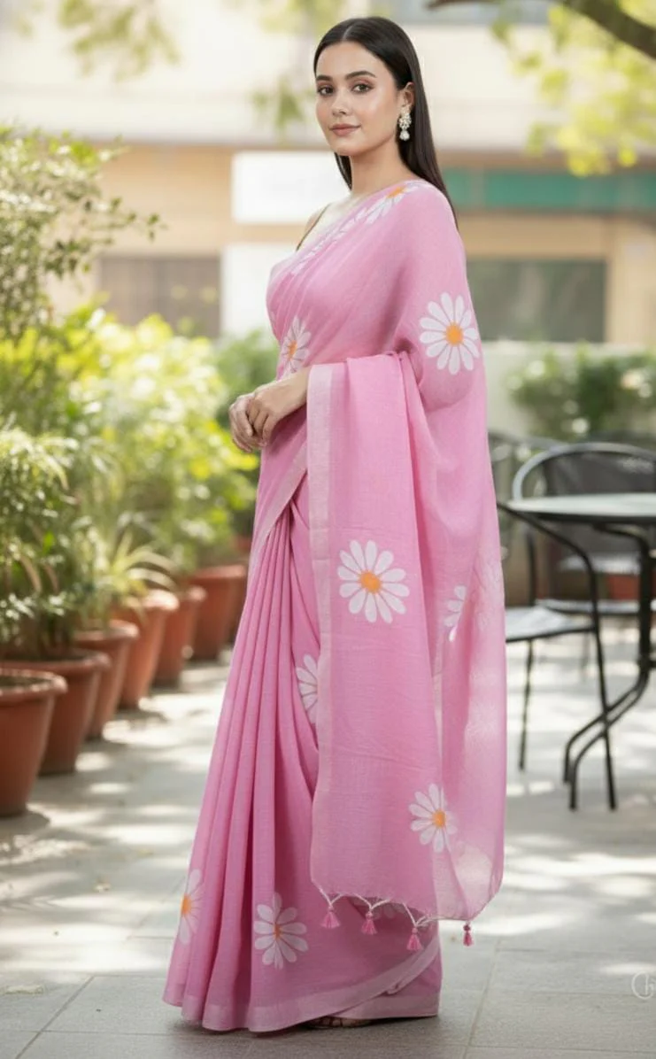Women Cotto Hand Paint Floral Design Saree - Image 3