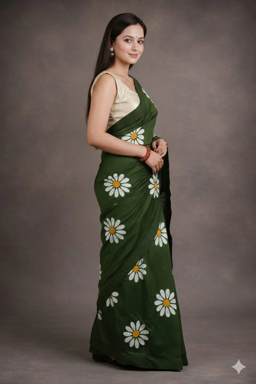 Women Cotto Hand Paint Floral Design Saree - Image 2