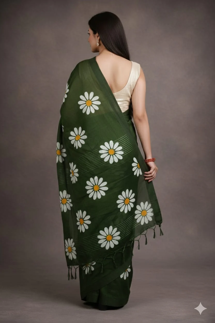 Women Cotto Hand Paint Floral Design Saree - Image 3