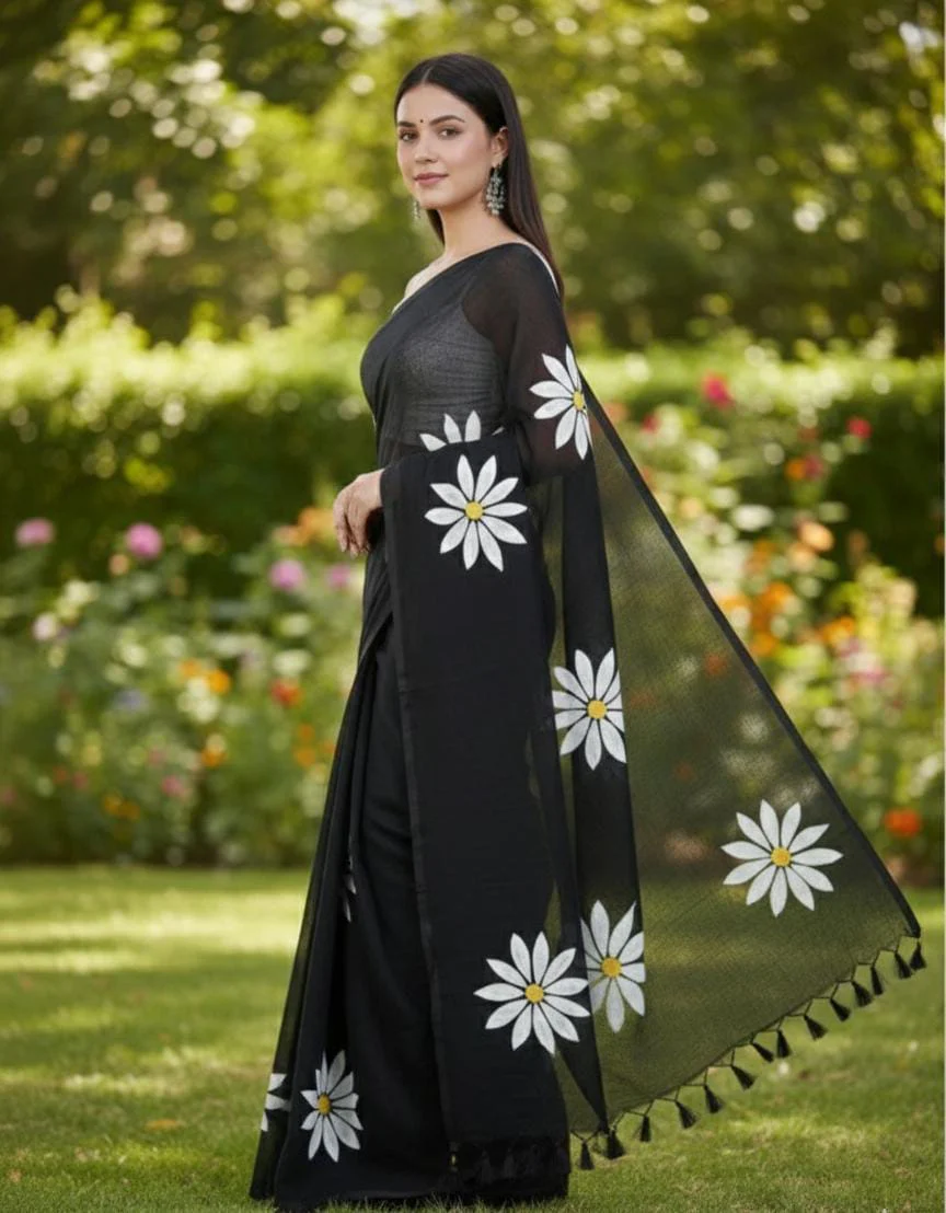 Women Cotto Hand Paint Floral Design Saree - Image 2