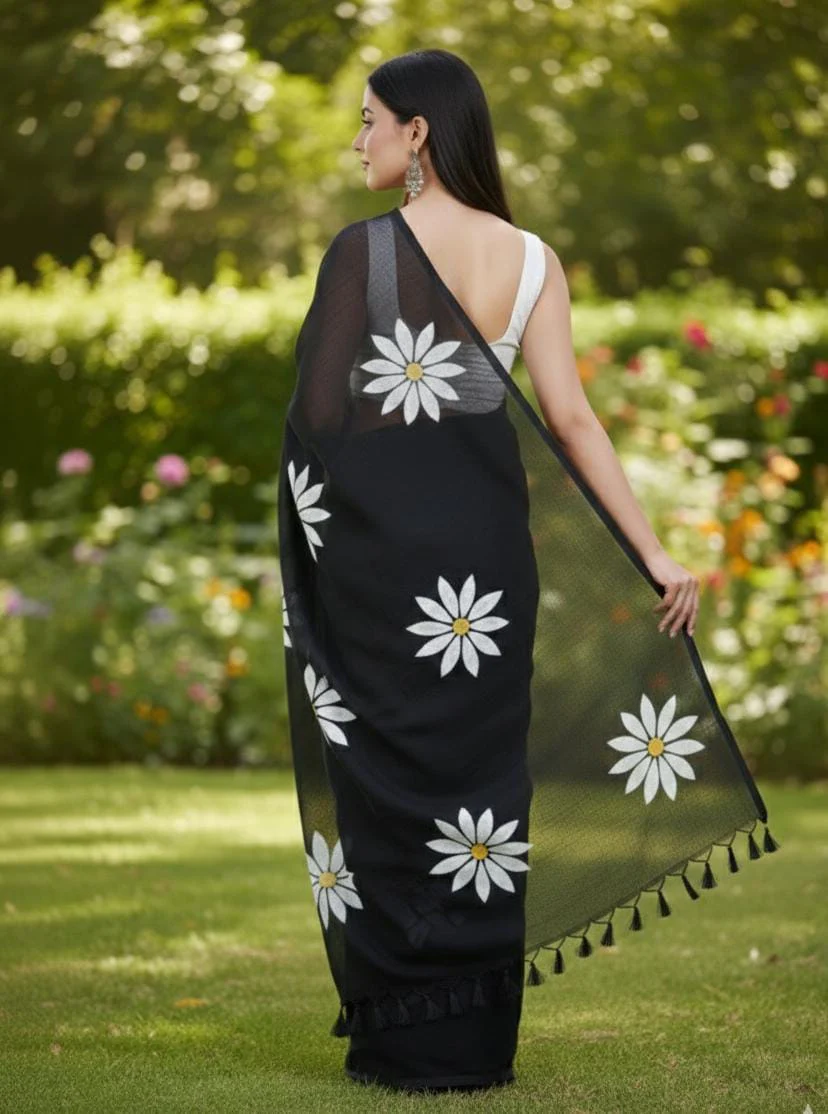 Women Cotto Hand Paint Floral Design Saree - Image 3