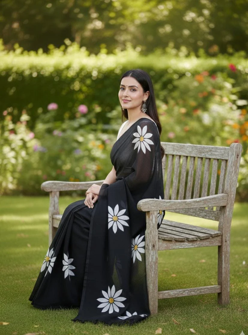Women Cotto Hand Paint Floral Design Saree - Image 4