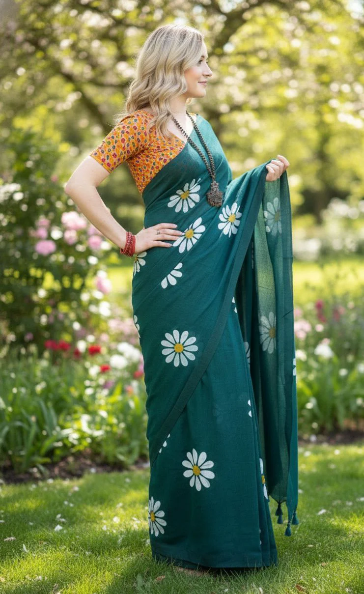 Women Cotto Hand Paint Floral Design Saree - Image 2