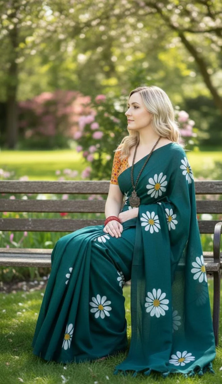 Women Cotto Hand Paint Floral Design Saree - Image 3