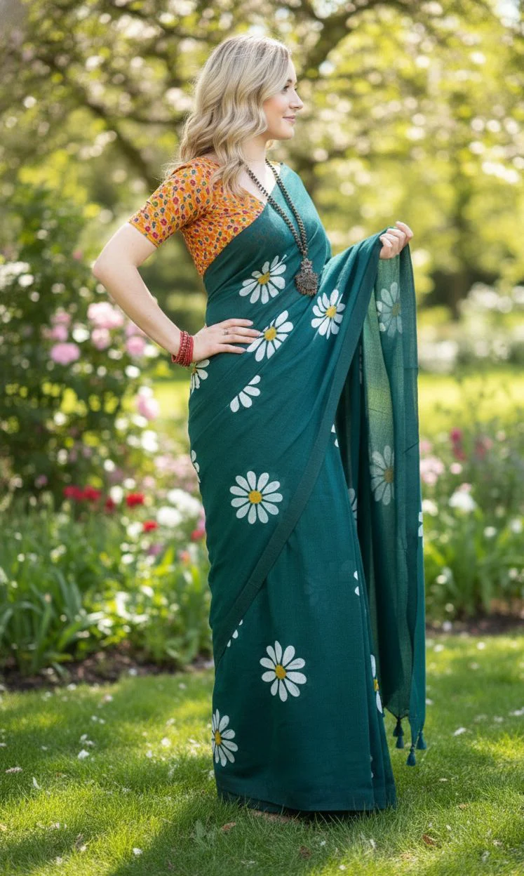 Women Cotto Hand Paint Floral Design Saree - Image 4