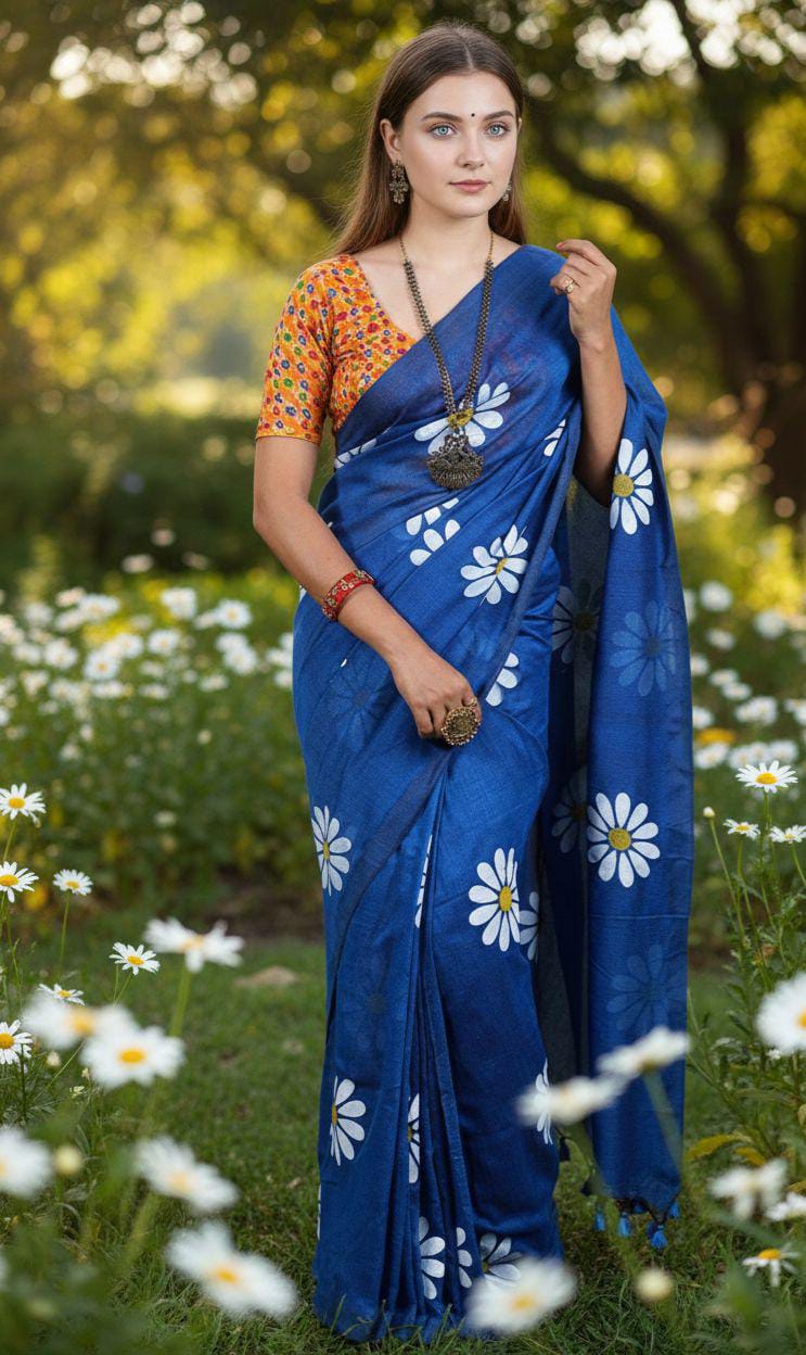 Women Cotto Hand Paint Floral Design Saree - Image 2