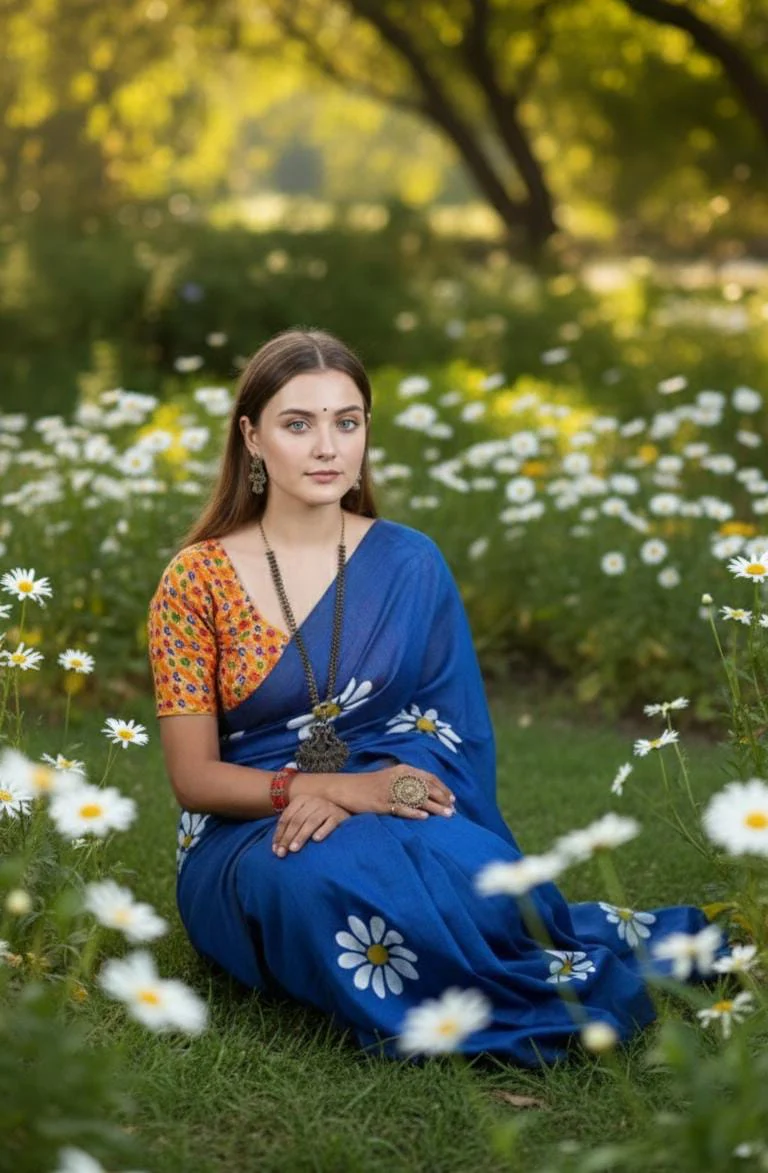 Women Cotto Hand Paint Floral Design Saree - Image 3