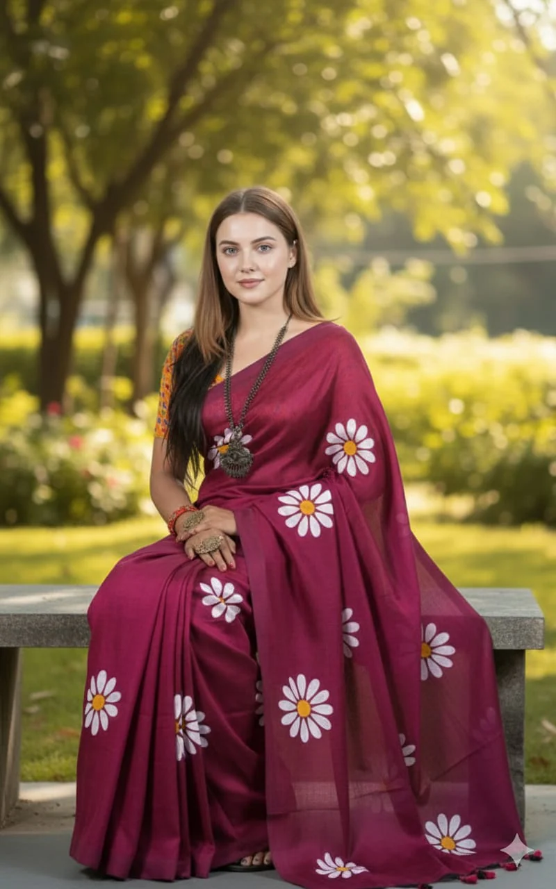 Women Cotto Hand Paint Floral Design Saree - Image 2