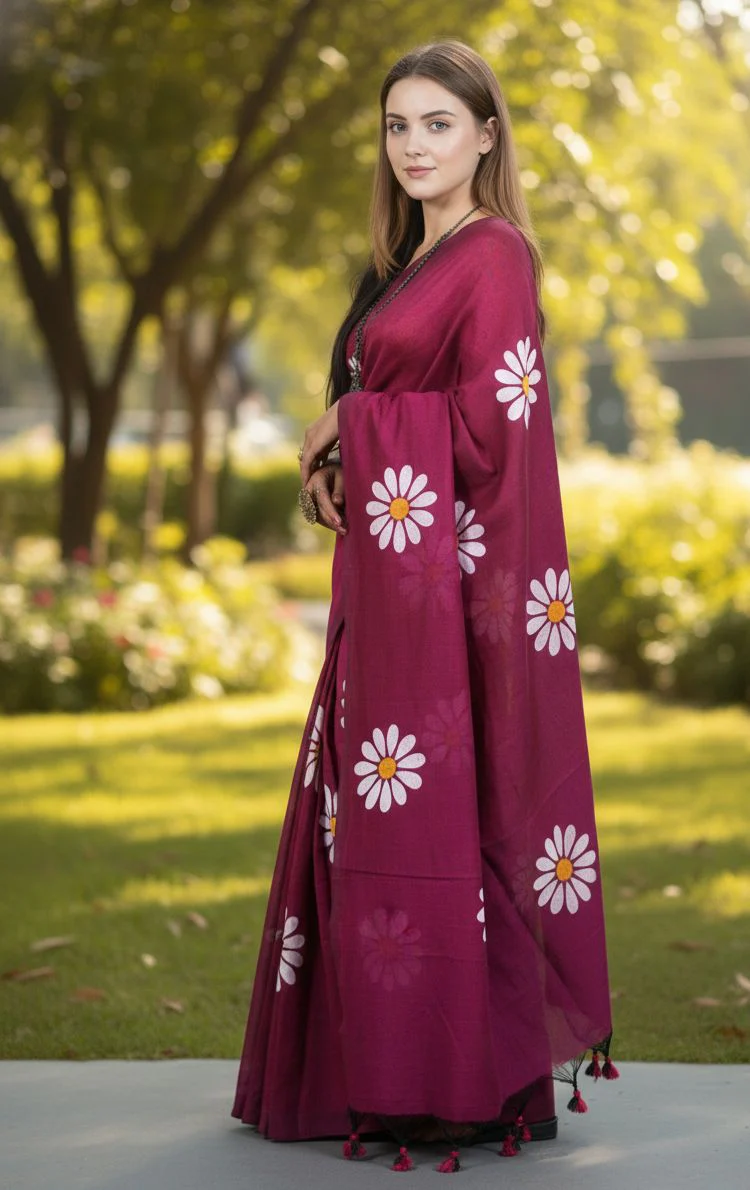Women Cotto Hand Paint Floral Design Saree - Image 3