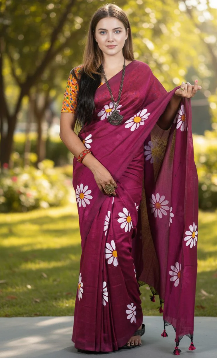 Women Cotto Hand Paint Floral Design Saree - Image 4