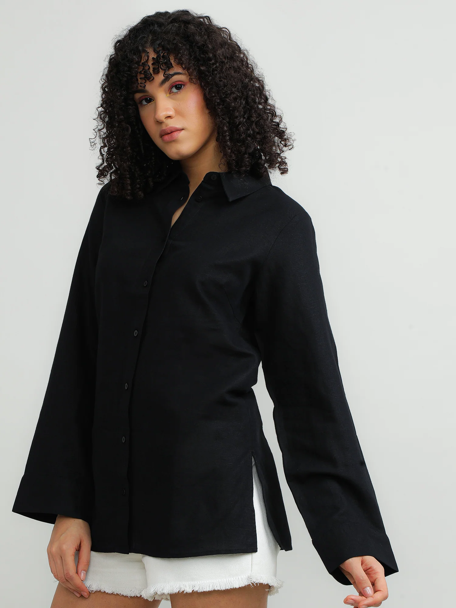 Women Cotton Black Elegant Shirt - Image 3