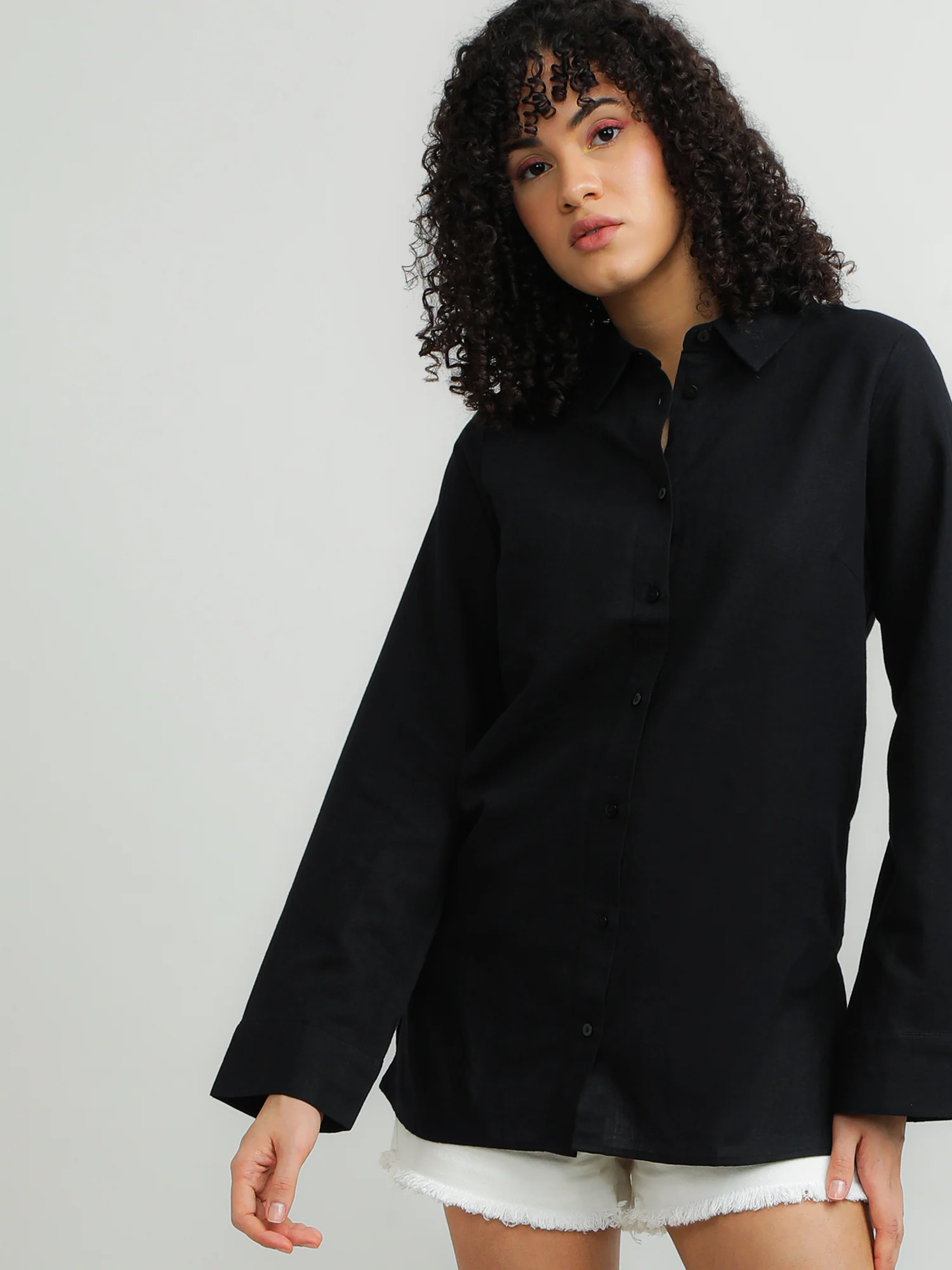 Women Cotton Black Elegant Shirt - Image 5