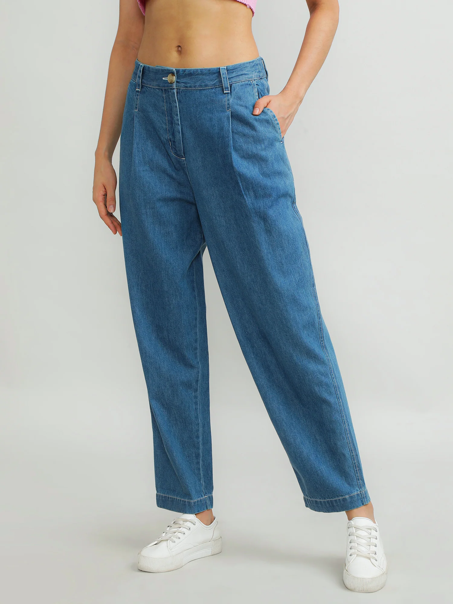 Women Cotton Blue Classic Pants - Image 3