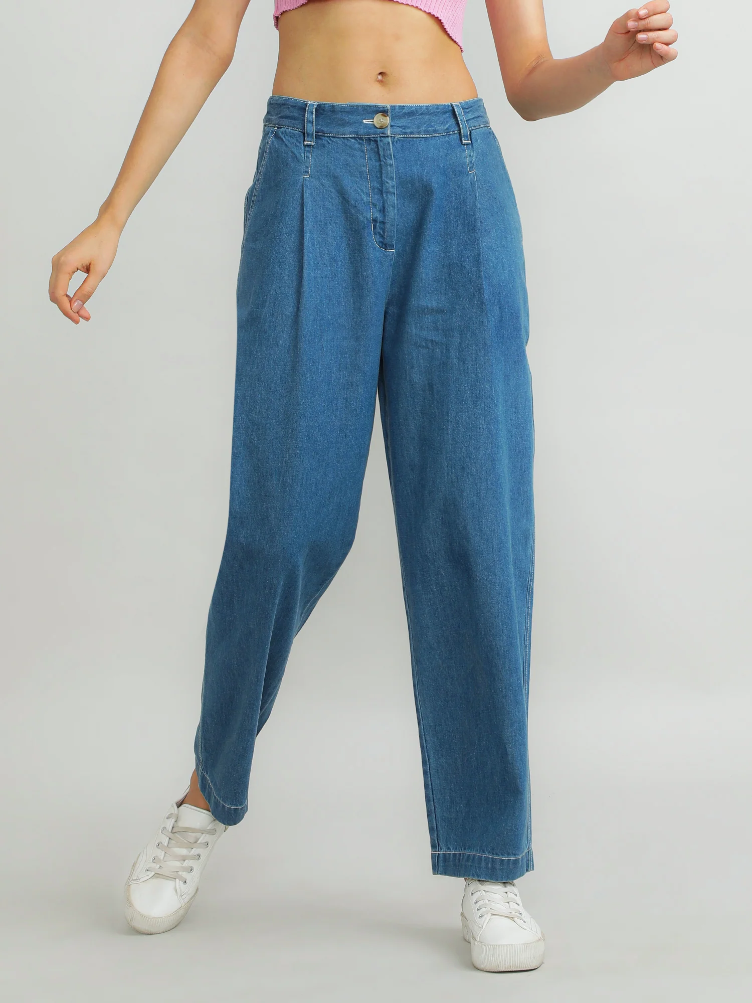 Women Cotton Blue Classic Pants - Image 5
