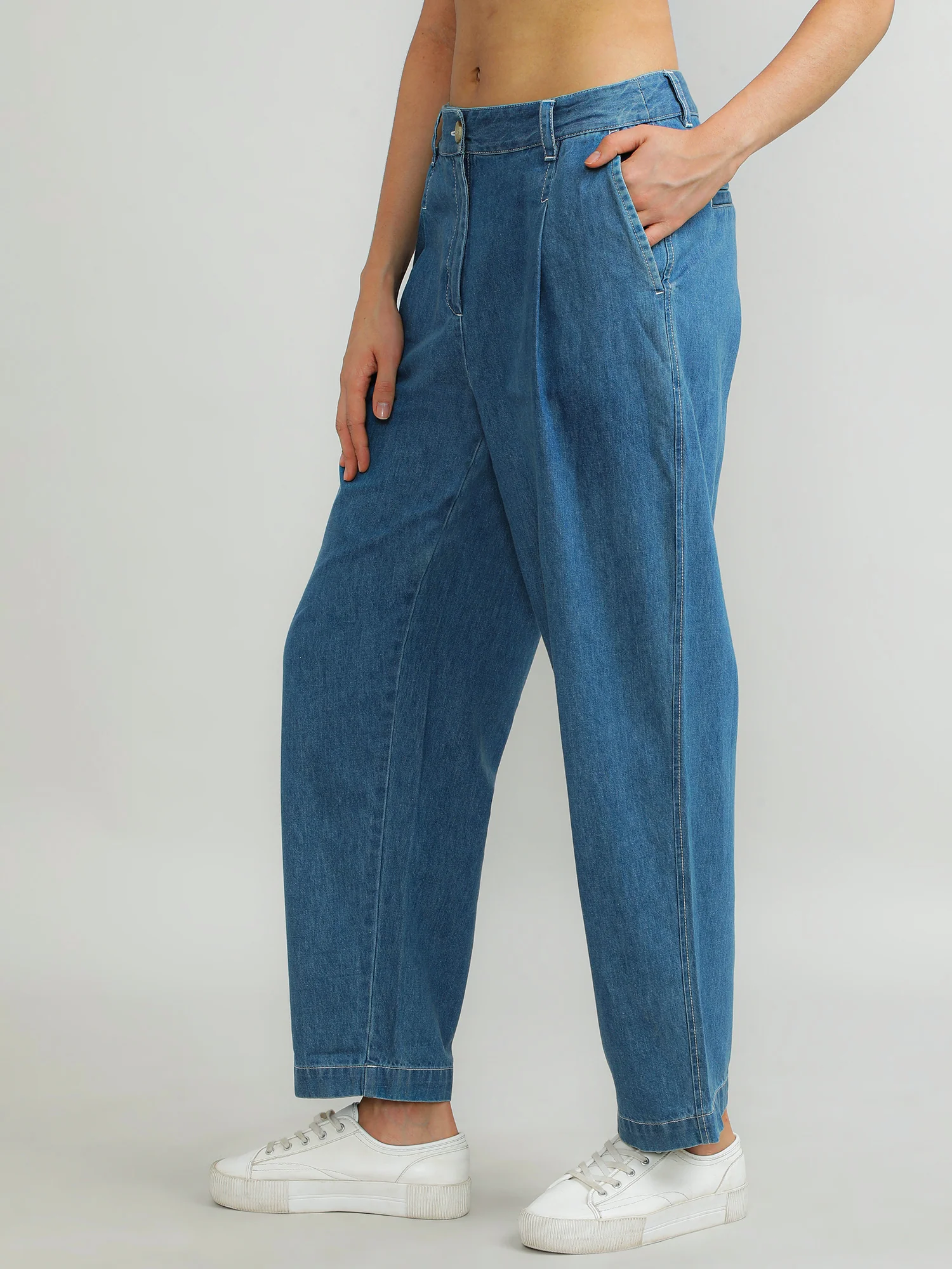Women Cotton Blue Classic Pants - Image 6