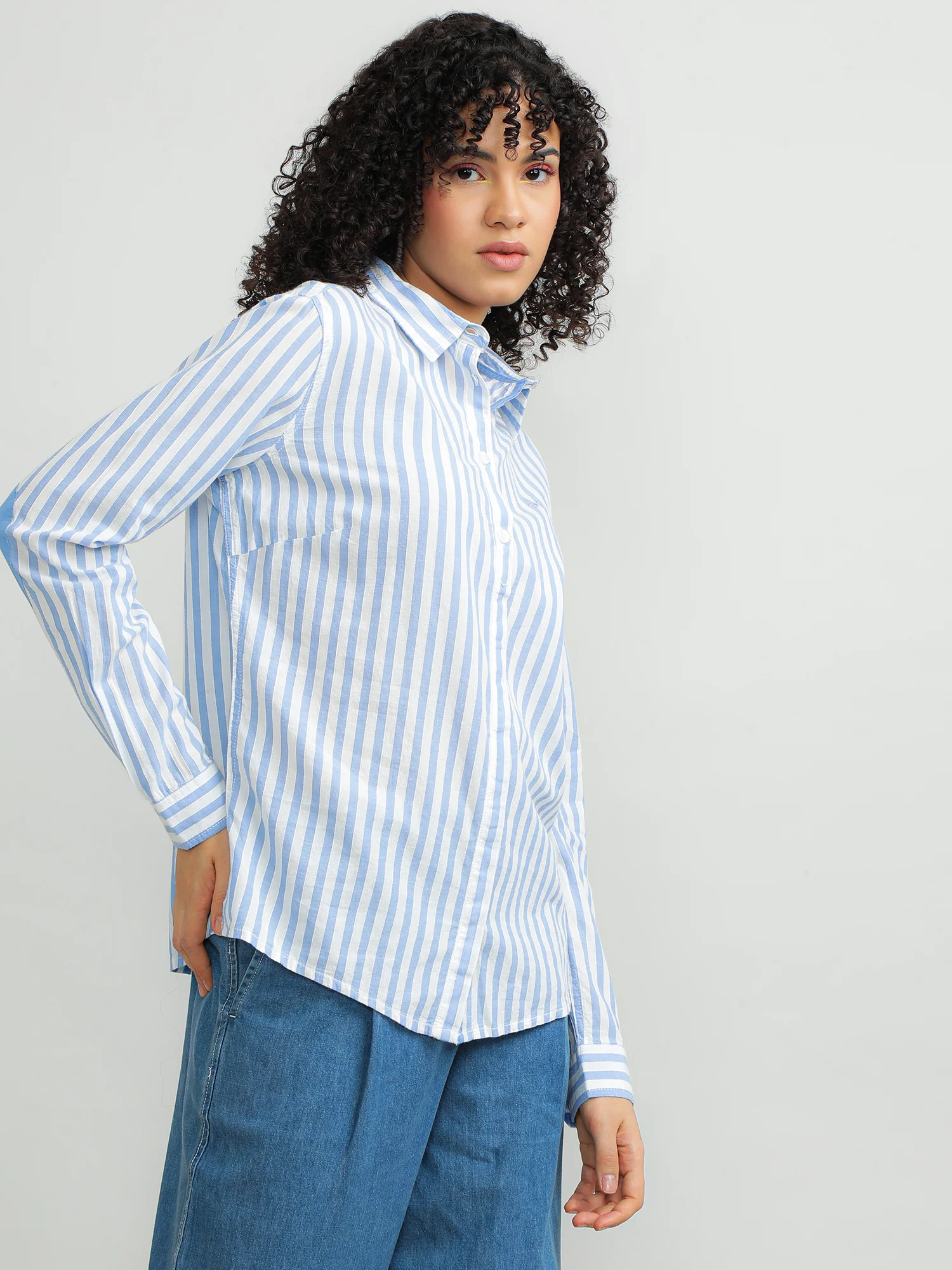 Women Cotton Blue Smart Shirt - Image 3