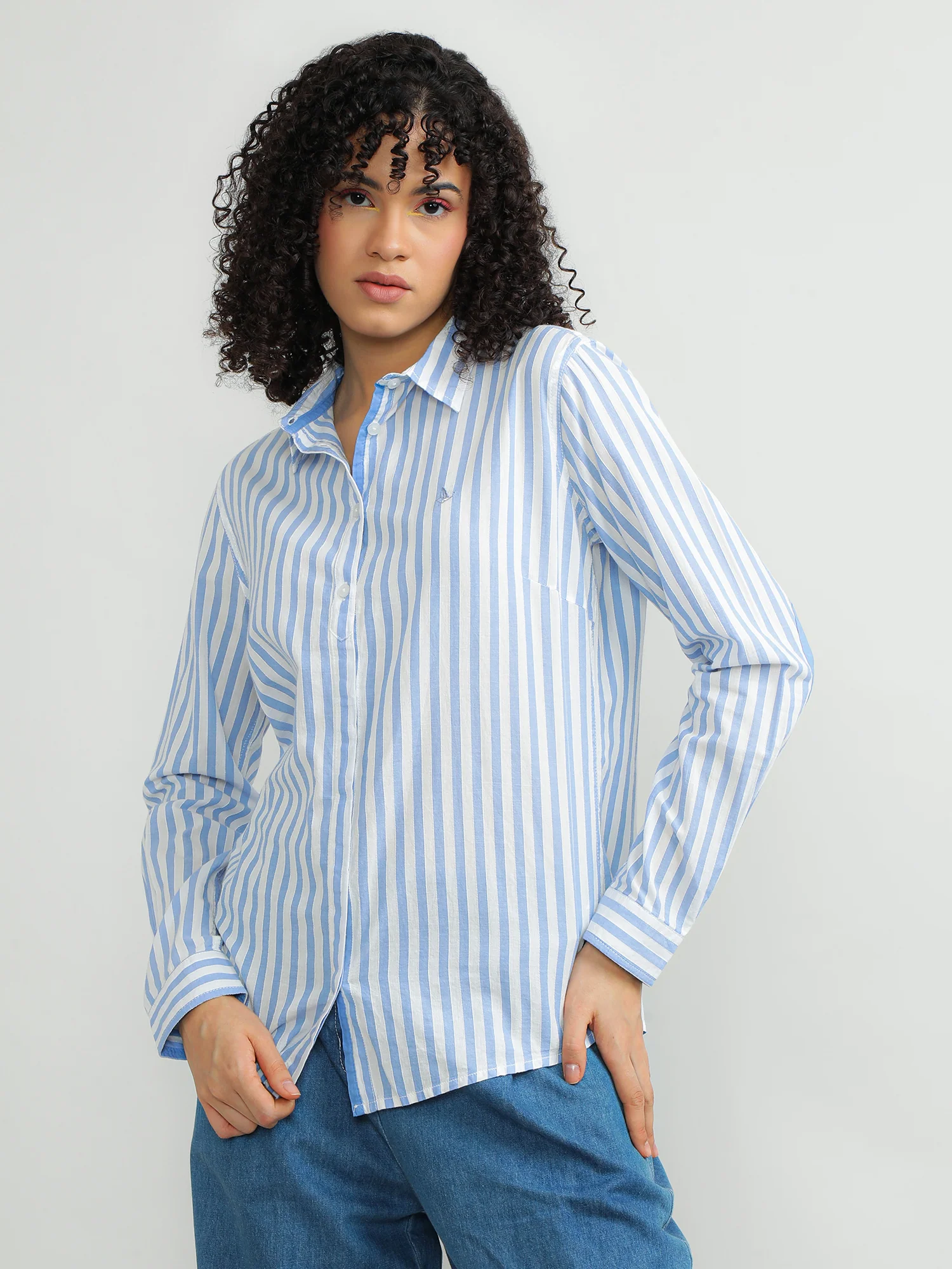 Women Cotton Blue Smart Shirt - Image 4