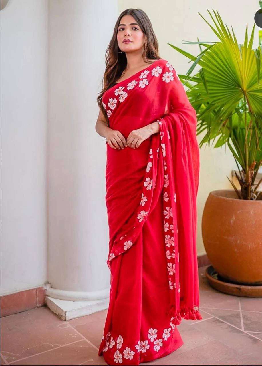 Women Cotton Hand Paint Floral Border Saree - Image 2
