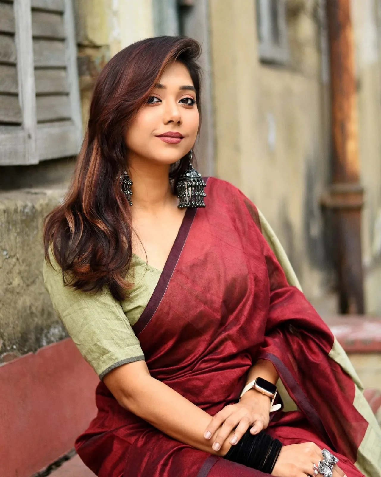 Women Cotton Maron Saree - Image 3