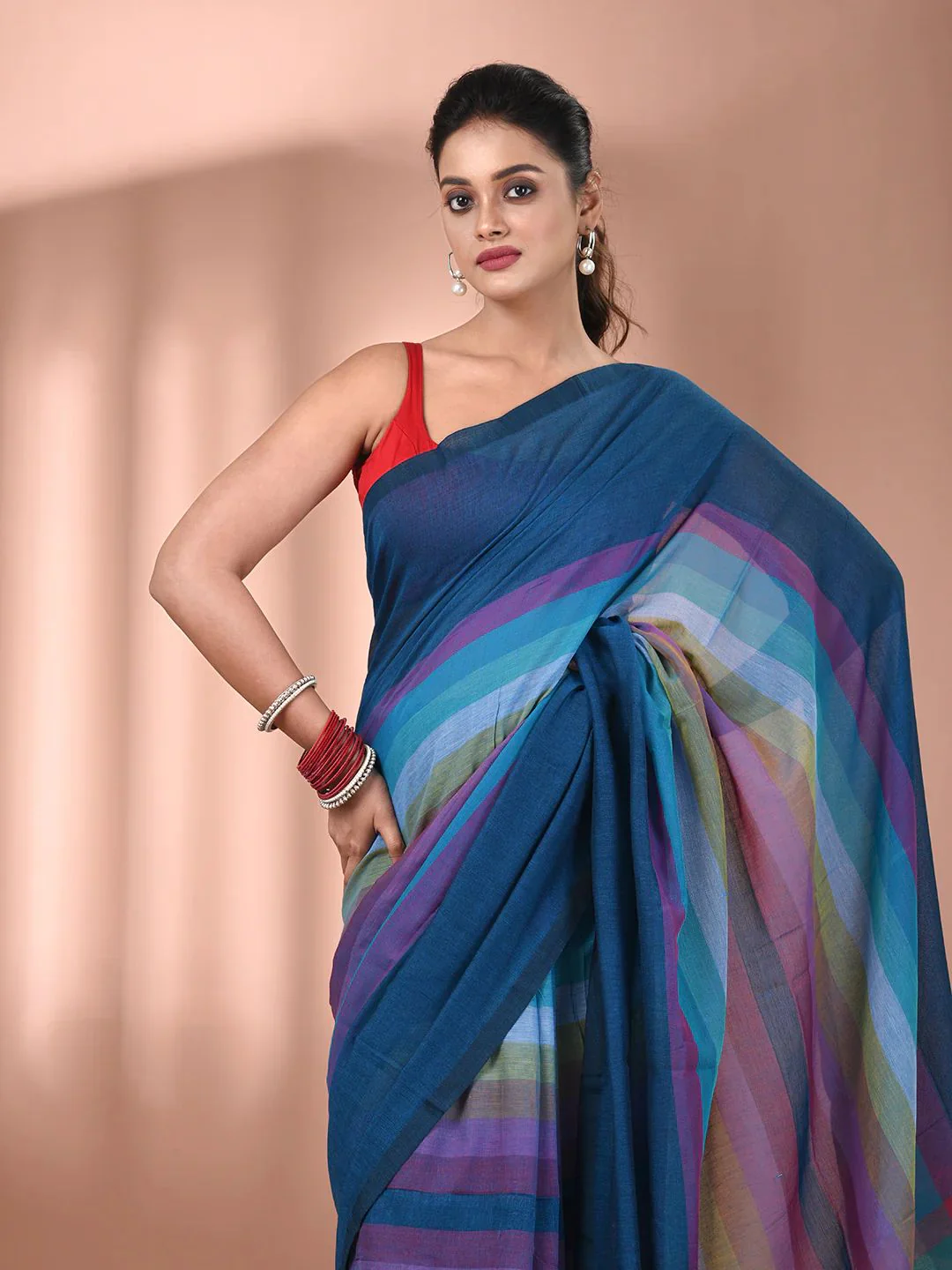 Women Cotton Rainbow Checks Saree - Image 2