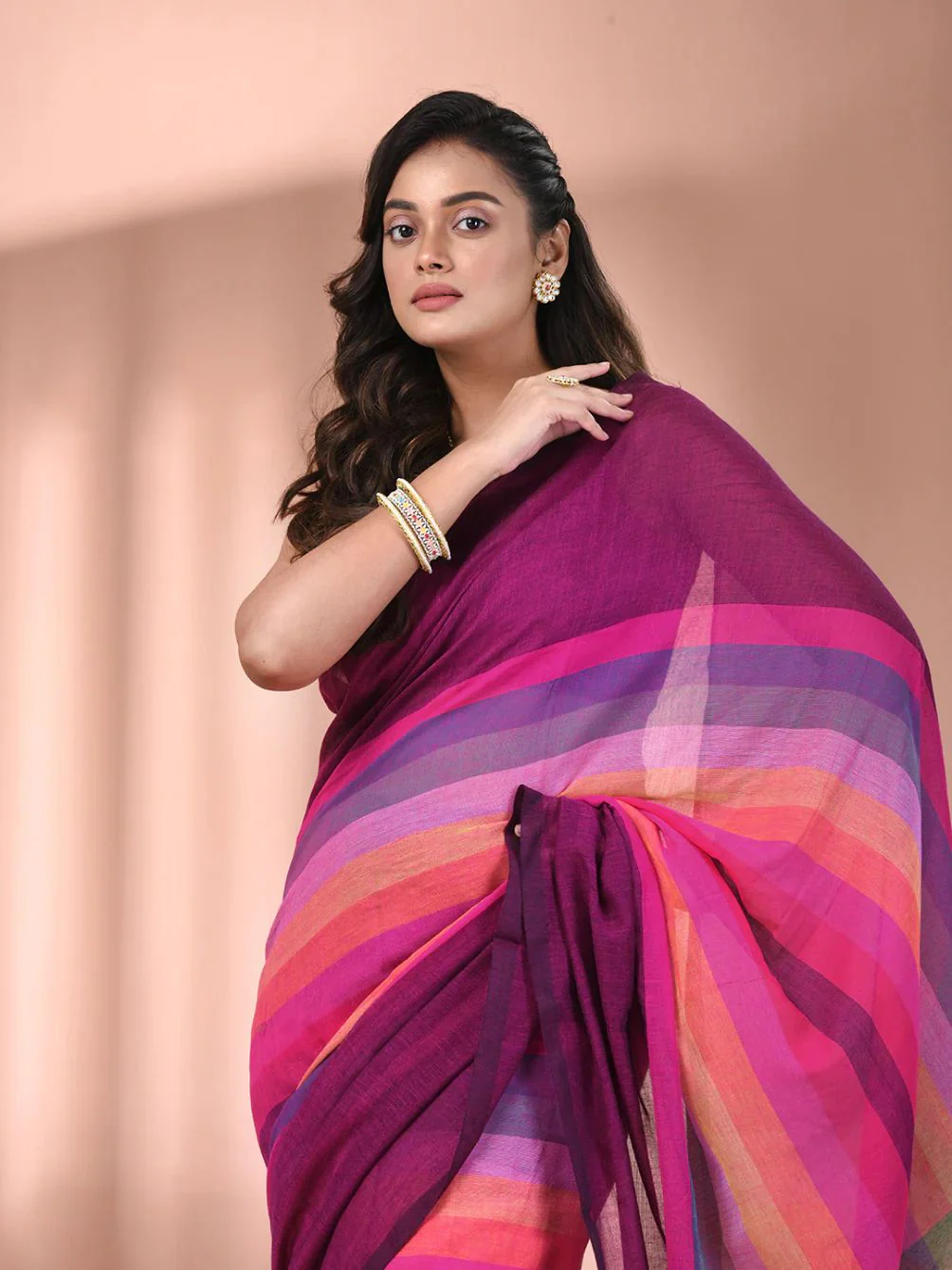 Women Cotton Rainbow Checks Saree - Image 2