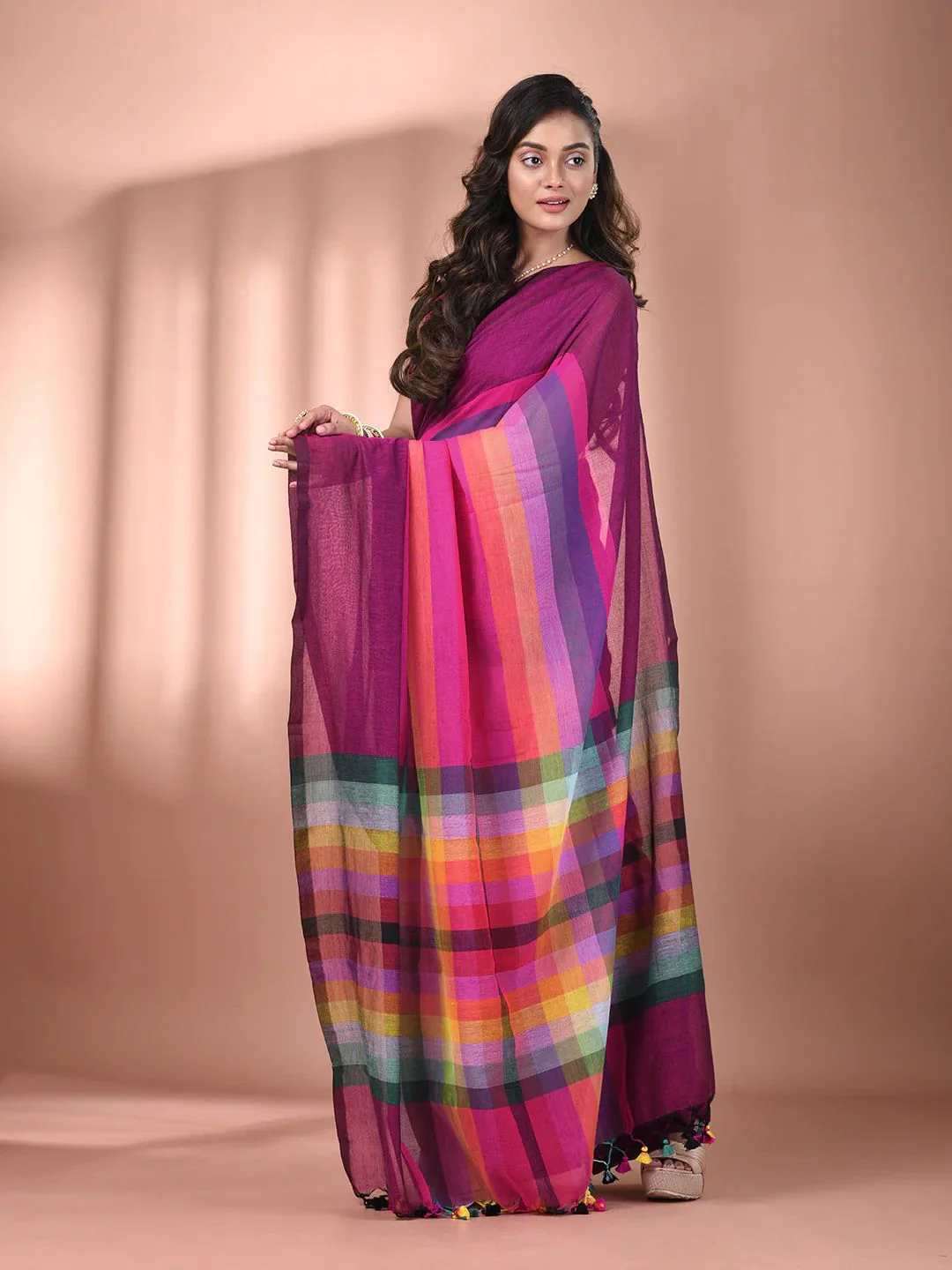 Women Cotton Rainbow Checks Saree - Image 4