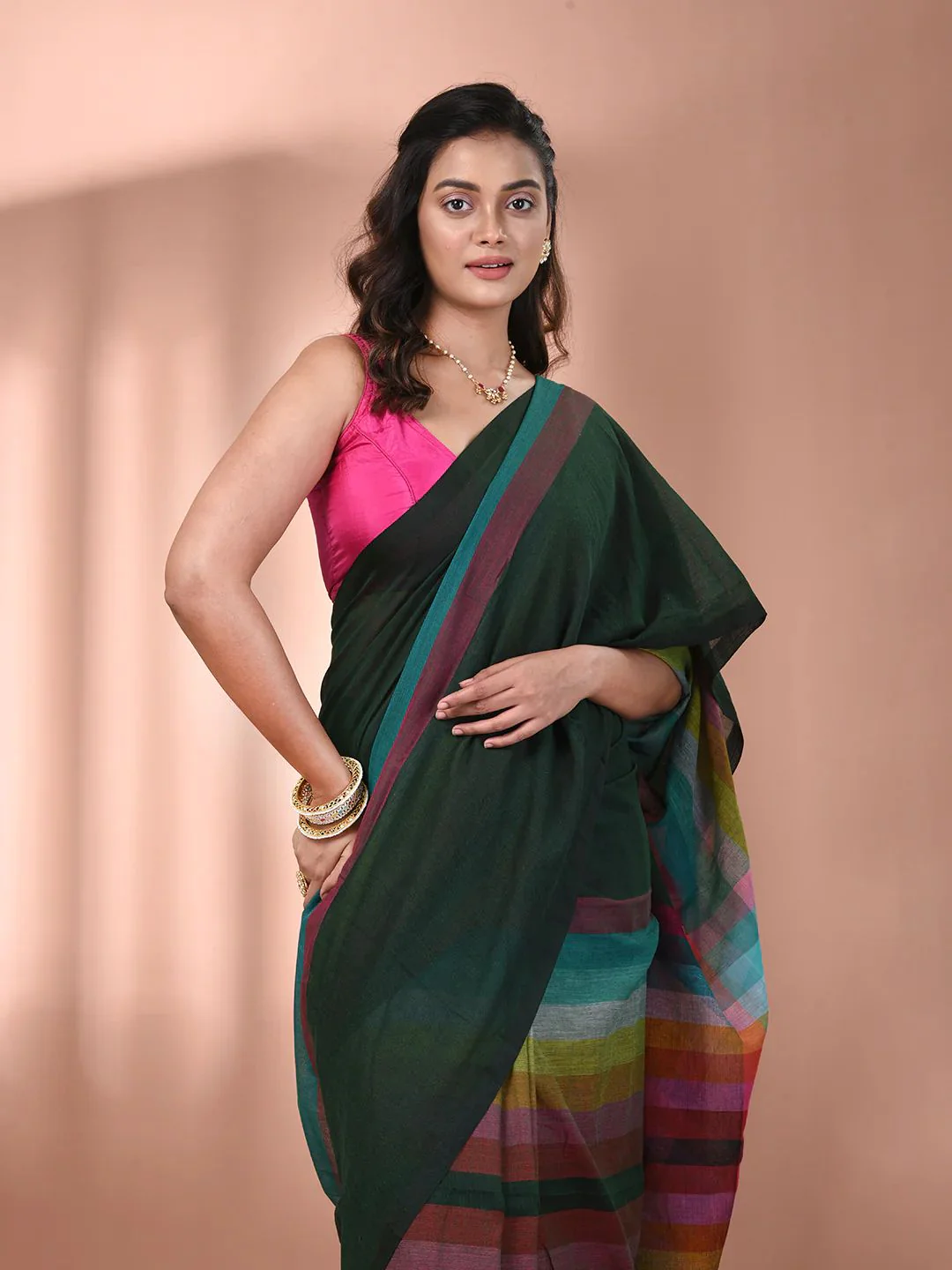 Women Cotton Rainbow Checks Saree - Image 2