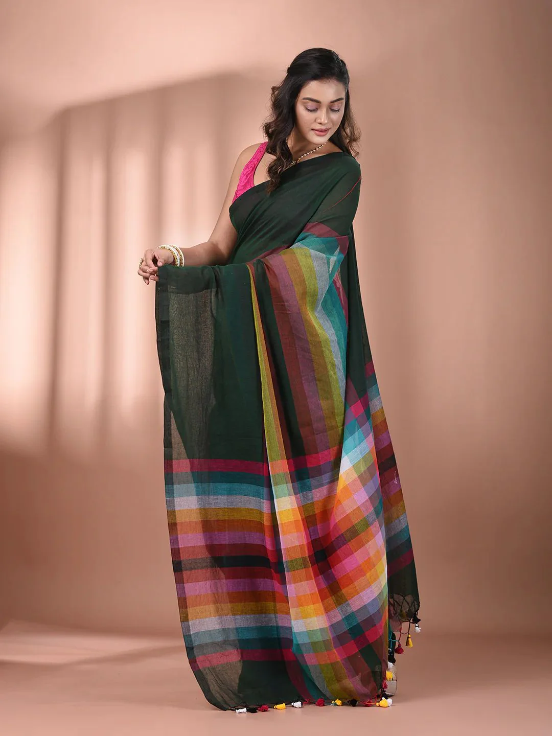 Women Cotton Rainbow Checks Saree - Image 3