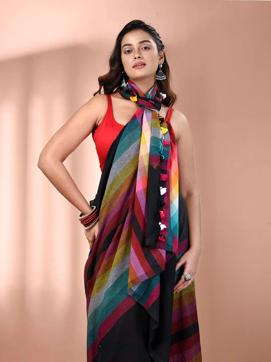 Women Cotton Rainbow Checks Saree - Image 2