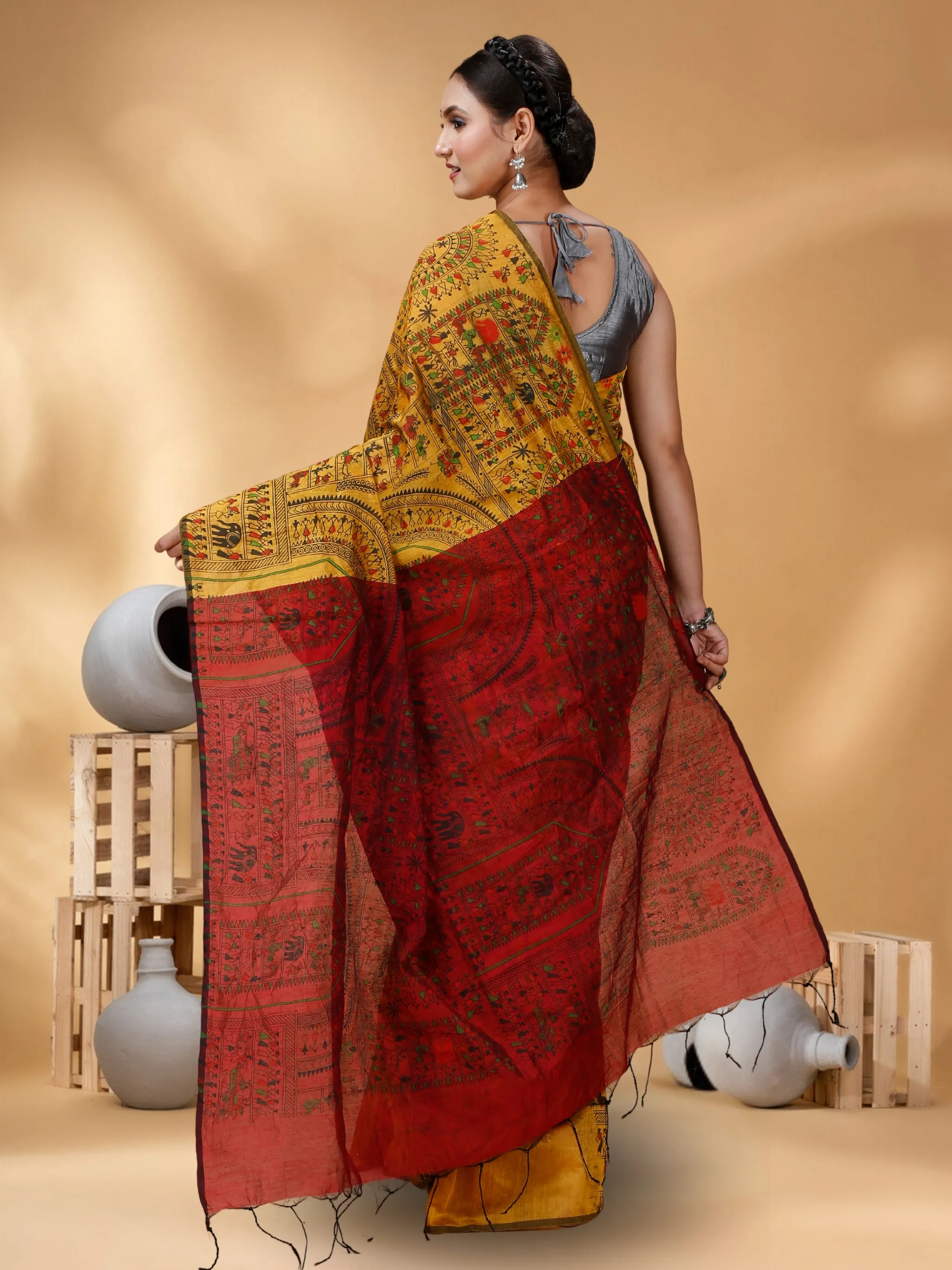 Women Cotton Silk Madhubani Cotton Saree - Image 2