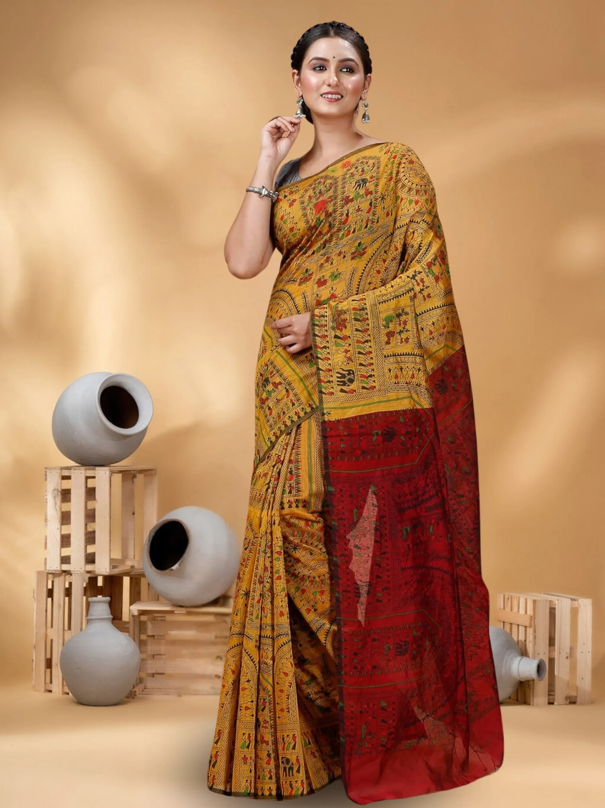 Women Cotton Silk Madhubani Cotton Saree - Image 3