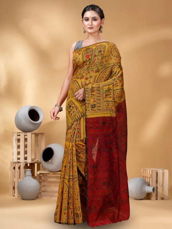 Women Cotton Silk Madhubani Cotton Saree - Image 4