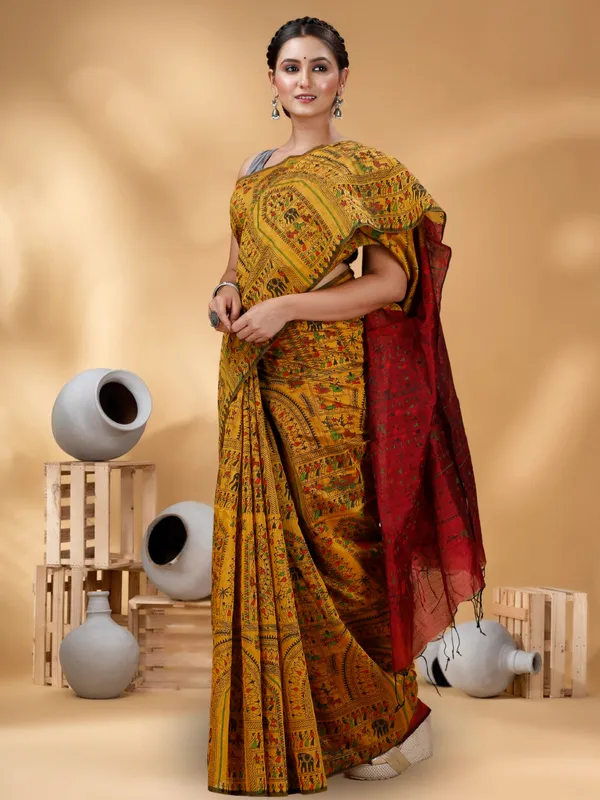 Women Cotton Silk Madhubani Cotton Saree - Image 5