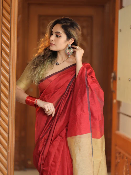 Women Cotton Silk Plain Saree - Image 2
