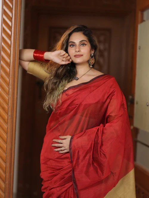Women Cotton Silk Plain Saree - Image 4