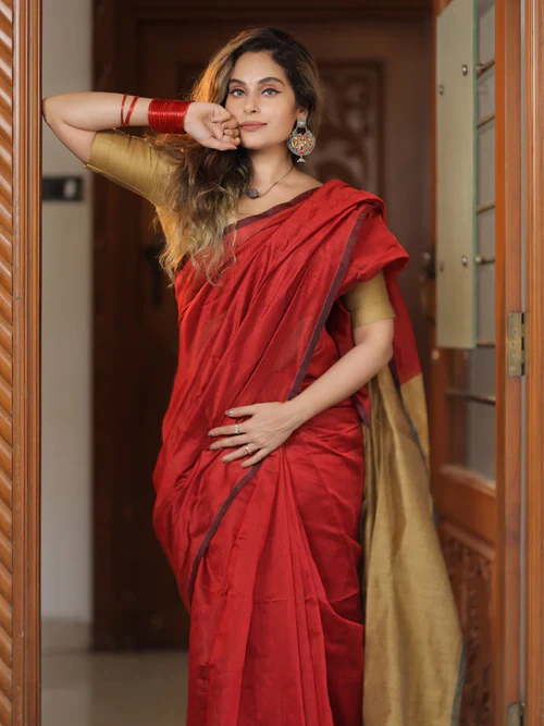Women Cotton Silk Plain Saree - Image 5
