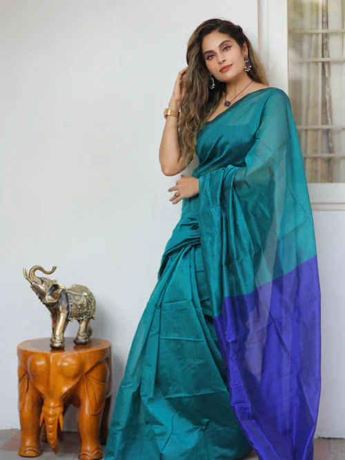Women Cotton Silk Plain Saree - Image 2